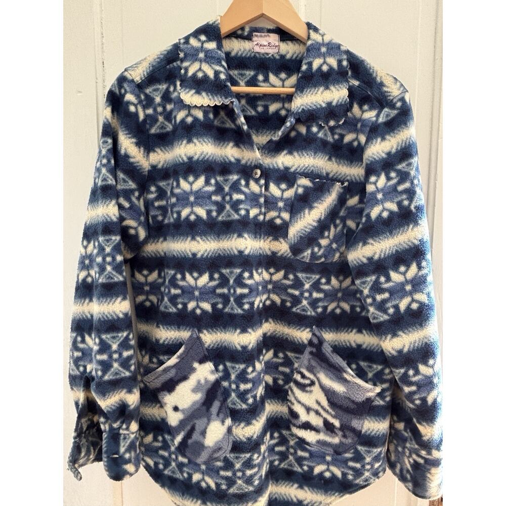 VTG Alpine Ridge Fleece Sweater Cardigan M Blue Aztec Southwestern Scalloped hem